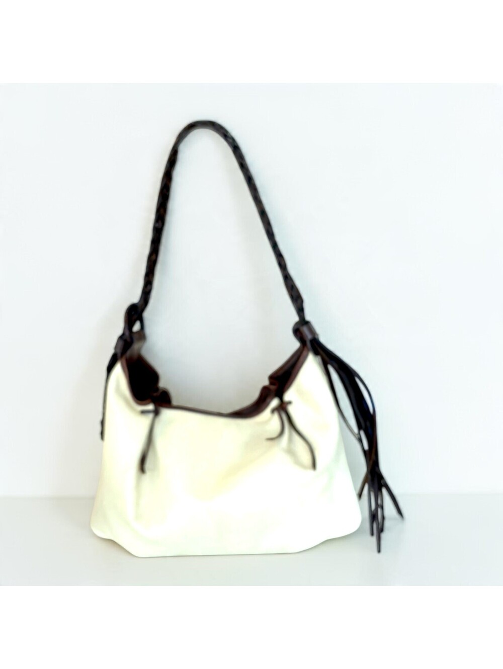 Desmo Italy Cream Pebbled Leather Hobo Bag Braided Strap Fringe Tassel Boho